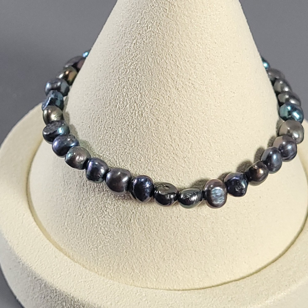 Tahitian Pearl Bracelet Womens 7.5 Black Iridescent Baroque Stretch Genuine